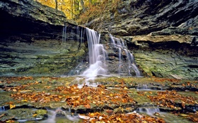 Водопады, скалы, красные листья, осень HD обои