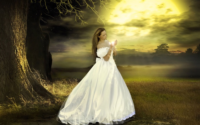 Белое платье фантазии девушка, сумерки, волшебный обои,s изображение