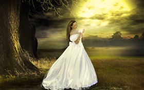 Белое платье фантазии девушка, сумерки, волшебный HD обои