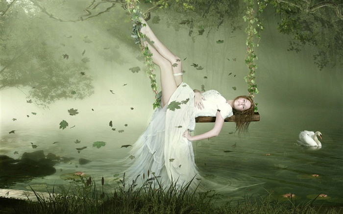 Белое платье фантазии девушка лежала на качелях, лебедь, озеро, листья обои,s изображение