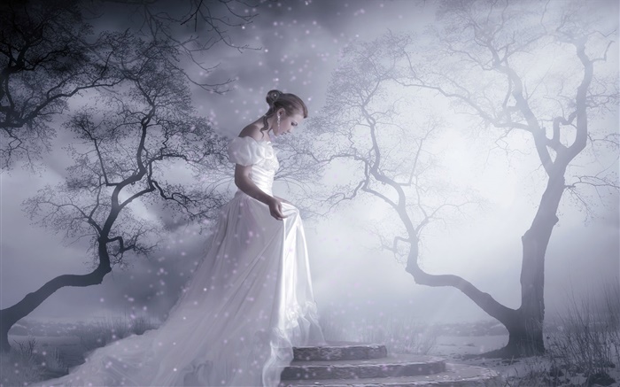 Белое платье фантазии девушка, деревья, снег, световые лучи обои,s изображение