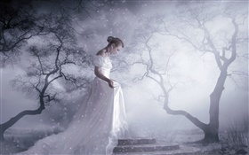 Белое платье фантазии девушка, деревья, снег, световые лучи HD обои