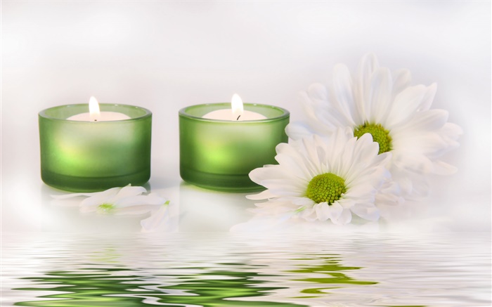 Белый цветок, свечи, вода, SPA обои,s изображение