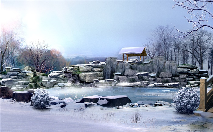 Зима, толстый снег, камни, деревья, пруд, 3D визуализации изображений обои,s изображение