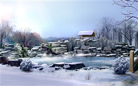Зима, толстый снег, камни, деревья, пруд, 3D визуализации изображений HD обои