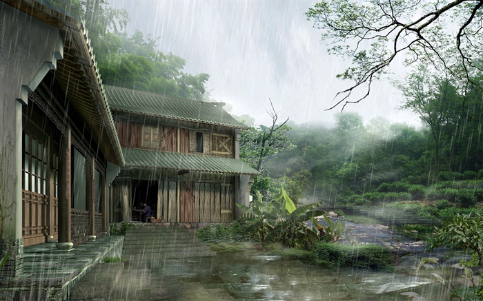 Деревянный дом, сильный дождь, деревья, 3D визуализации изображений обои,s изображение