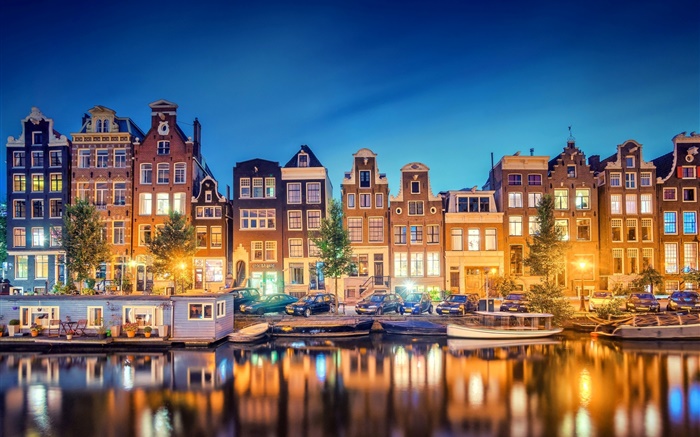 Амстердам, Нидерланды, город, вечер, река, дома, фонари обои,s изображение