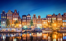 Амстердам, Нидерланды, город, вечер, река, дома, фонари HD обои