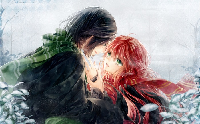 Искусство аниме, влюбленные, красные волосы девушка и короткие волосы мальчик обои,s изображение