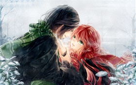 Искусство аниме, влюбленные, красные волосы девушка и короткие волосы мальчик HD обои