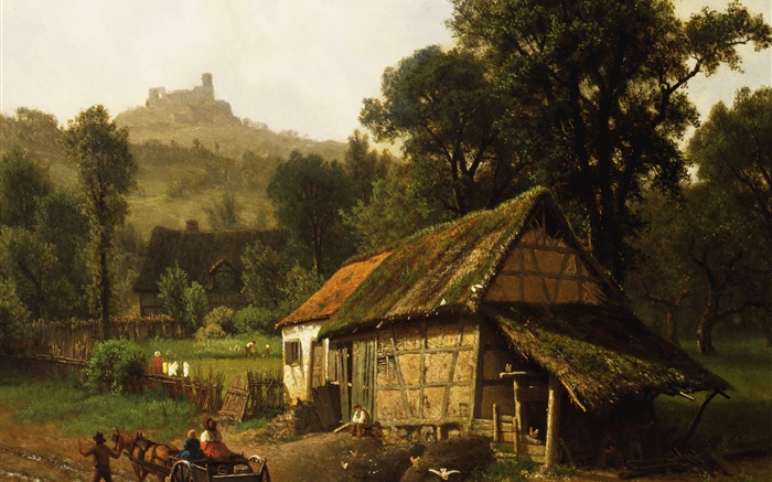 Художественная роспись, сельская местность, дом, вагон, деревья, горы обои,s изображение