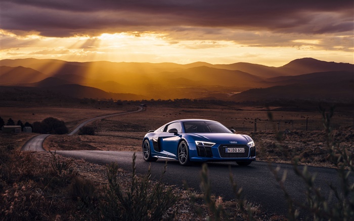 Audi R8 V10 синий автомобиль, закат, облака обои,s изображение