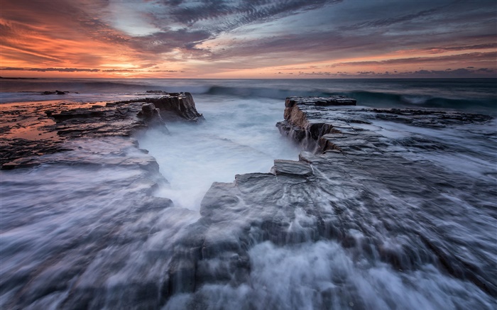Австралия, Новый Южный Уэльс, Королевский национальный парк, берег, море, скалы, рассвет обои,s изображение