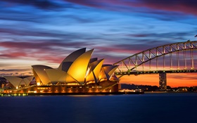 Австралия, Сиднейский оперный театр, мост, вечер, огни, море HD обои