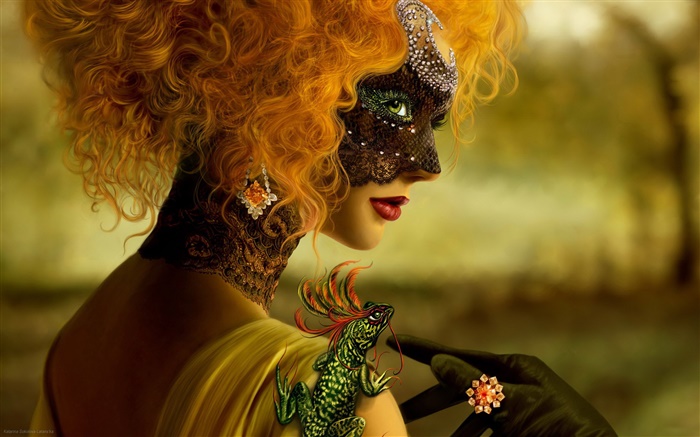 Красивая блондинка девушка, фантастика, маска, хамелеон обои,s изображение