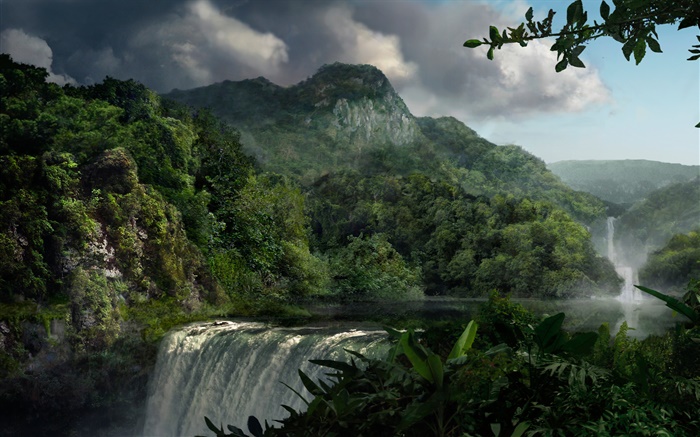 Красивый пейзаж, водопады, горы, растения обои,s изображение