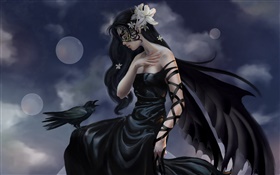 Черное платье фантазии девушки, Ворона мастера, крылья HD обои
