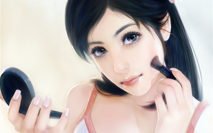 Черные волосы фантазии девушка, макияж, щетка, зеркало обои,s изображение