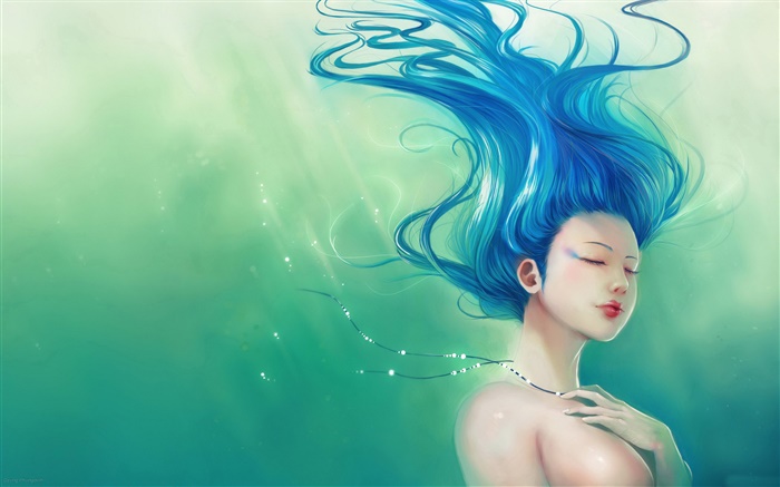 Голубые волосы фантазии девушка, волосы летают обои,s изображение
