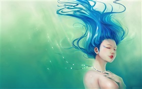 Голубые волосы фантазии девушка, волосы летают HD обои