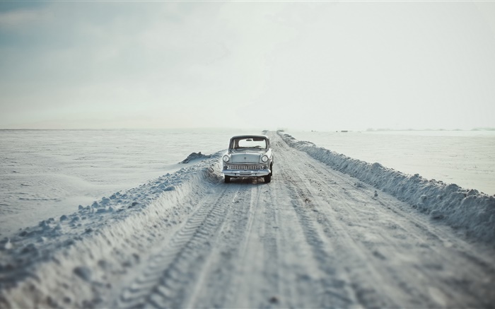 Автомобиль, дорога, снег, ретро-стиль обои,s изображение
