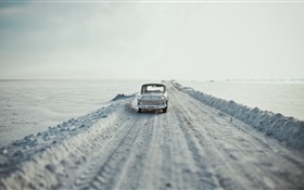 Автомобиль, дорога, снег, ретро-стиль HD обои