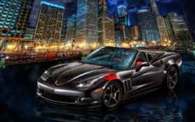 Chevrolet Corvette суперкара, город, ночь, небоскребы