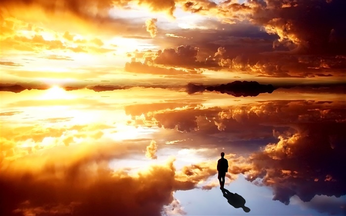 Облака, закат, человек, отражение обои,s изображение