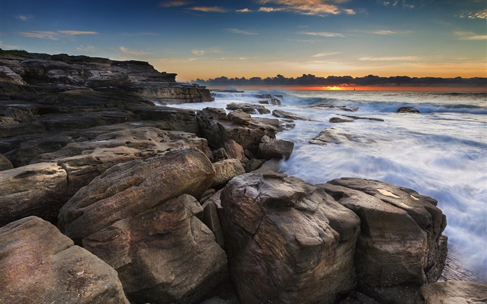Побережье, океан, скалы, восход солнца, пляж обои,s изображение