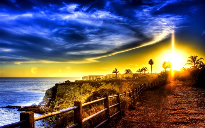 Побережье, море, дорога, забор, дом, восход, облака обои,s изображение