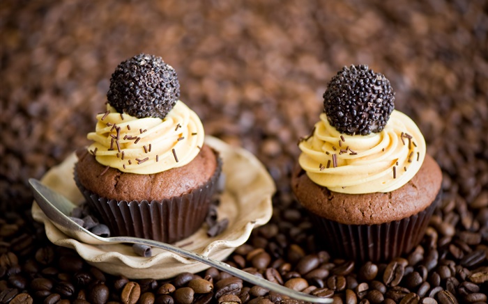Кексы, сливки, шоколад, кофе в зернах обои,s изображение