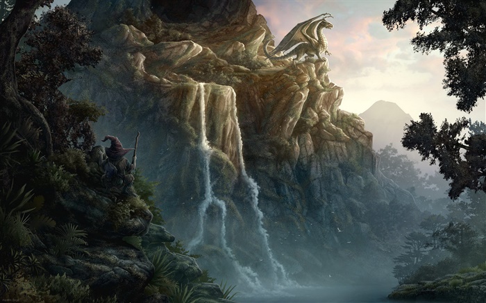 Дракон, скалы, водопад, креативный дизайн обои,s изображение