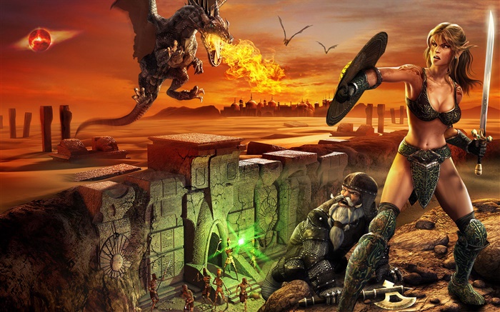 EverQuest, воин девушка, дракон, огонь обои,s изображение