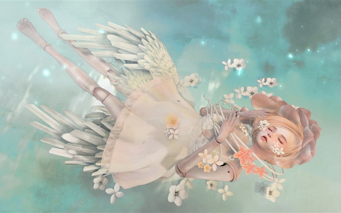Фэнтези ангел девушка, блондинка, сон, цветы обои,s изображение