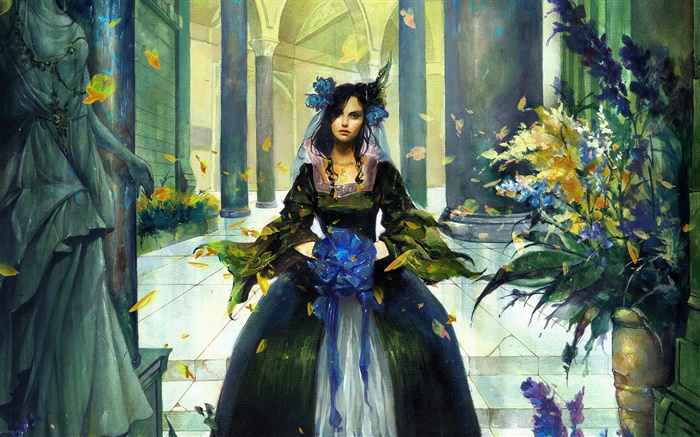 Фэнтези девушка в зале, синий цветок в руке обои,s изображение