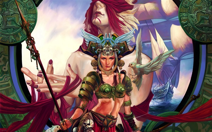 Фантазия воин девушка, лук, копье обои,s изображение