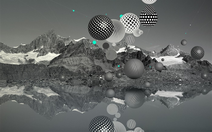 Летные шары, горы, озеро, черно-белые, креативные фотографии обои,s изображение