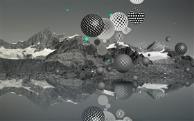 Летные шары, горы, озеро, черно-белые, креативные фотографии HD обои