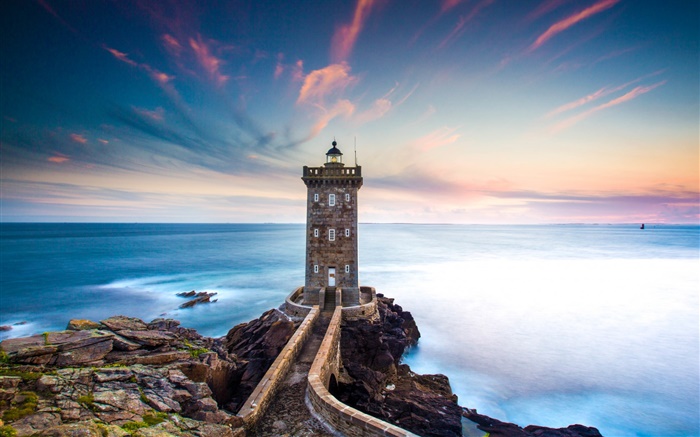 Франция, Финистер, Kermorvan маяк, море, побережье, закат обои,s изображение