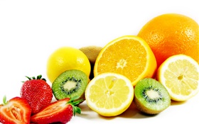 Фрукты макро, апельсин, лимон, киви, клубника HD обои