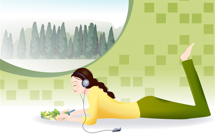 Девушка слушает музыку и пищу продукты питания, зима, векторные картинки обои,s изображение