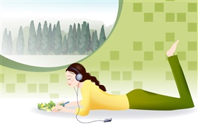 Девушка слушает музыку и пищу продукты питания, зима, векторные картинки HD обои