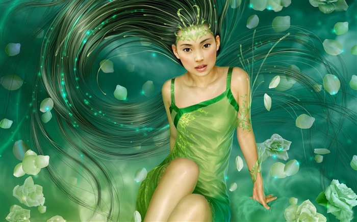 Зеленое платье фантазии девушка, длинные волосы обои,s изображение