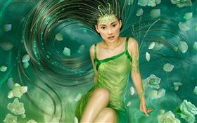 Зеленое платье фантазии девушка, длинные волосы HD обои