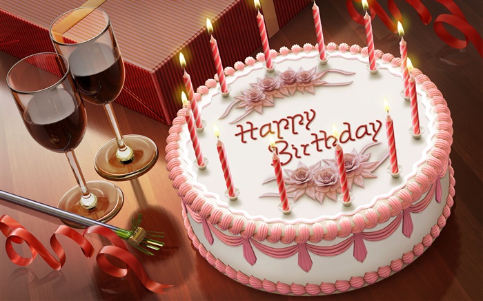 С Днем Рождения, торт, свечи, вино, подарок обои,s изображение
