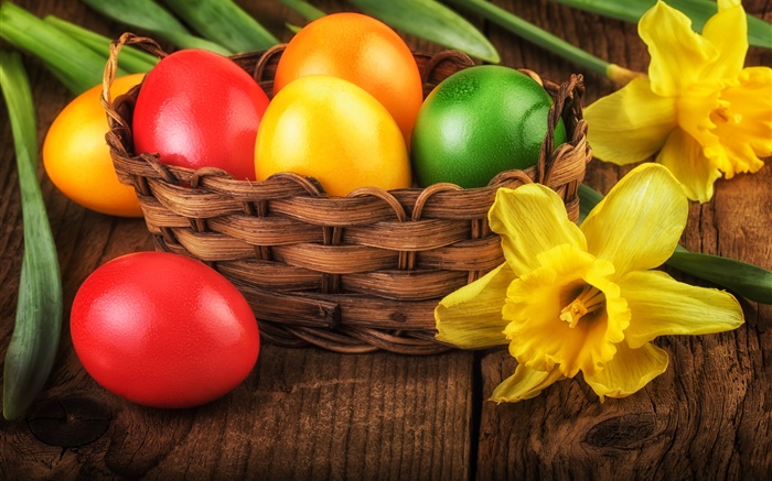 Счастливой Пасхи, красочные яйца, украшения, желтые нарциссы обои,s изображение