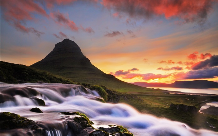 Исландия, Киркьюфетль, горы, водопад, утро, восход обои,s изображение
