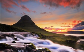 Исландия, Киркьюфетль, горы, водопад, утро, восход HD обои