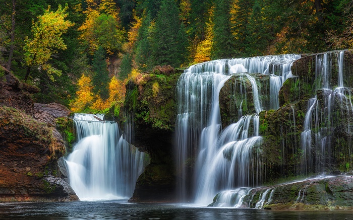 Опустить Льюис Ривер Фолс, штат Вашингтон, США, водопады, осень, деревья обои,s изображение
