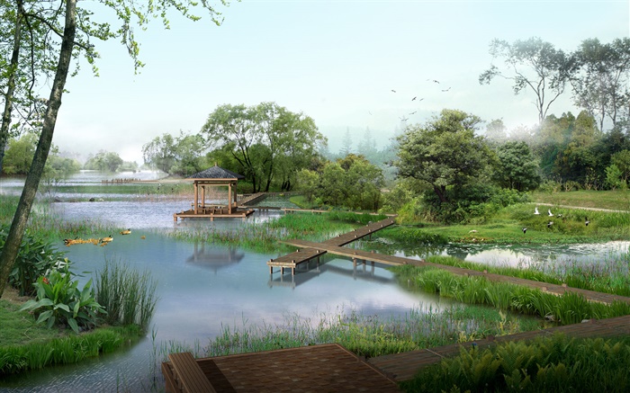 Вид на парк, озеро, утки, деревья, павильон, травы, птицы, 3D визуализации изображений обои,s изображение